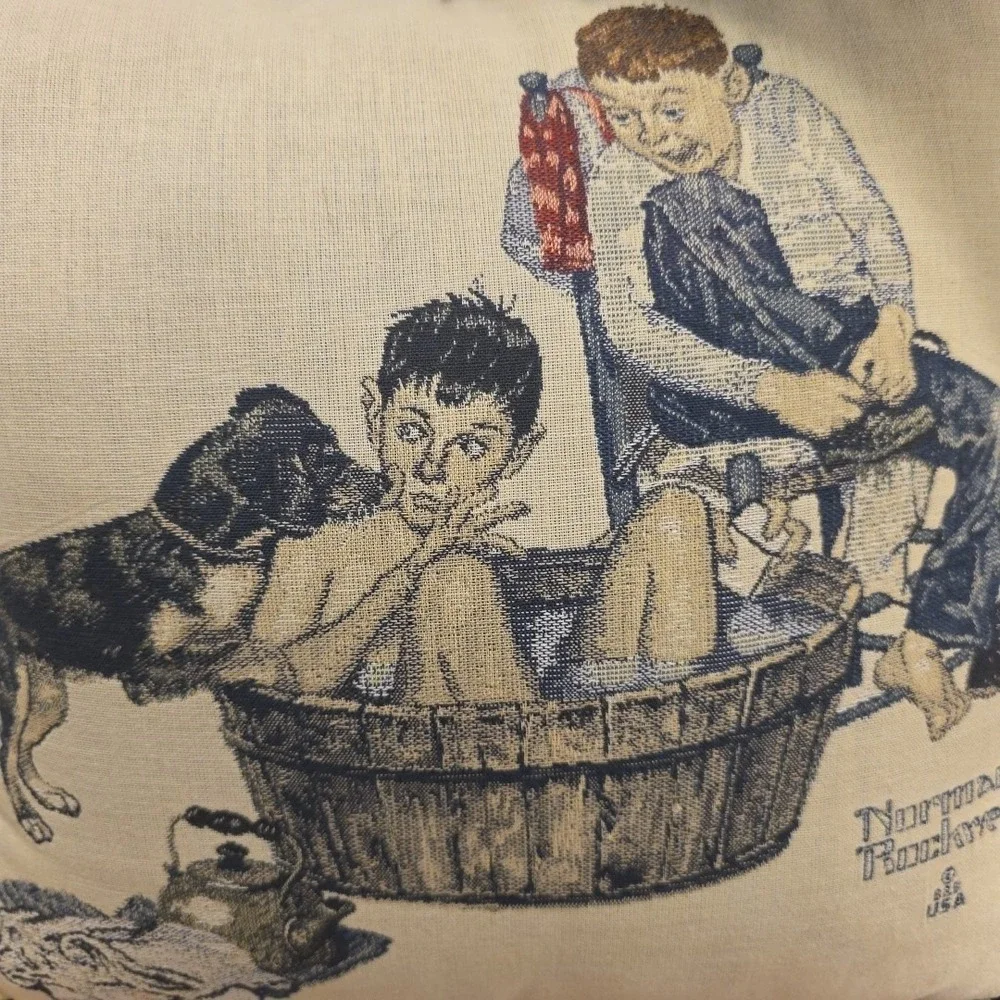 Vintage Norman Rockwell  15"×15"  Dog Themed Pillow "Lickin Good Bath" USA Made - Picture 4 of 7